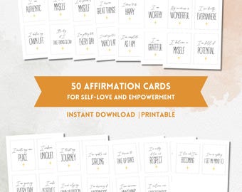 Set of 50 printable affirmation cards for self-care, confidence and empowerment