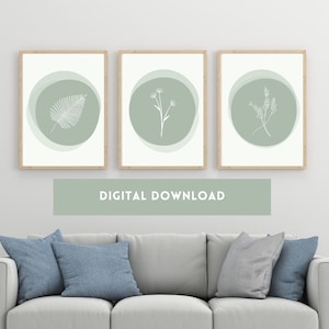 Op de afbeelding: Set van drie digitale prints met minimalistische lijntekeningen van een blad, een bloem en een takje lavendel. Elke tekening is geplaatst op een zachte groene cirkel op een witte achtergrond.