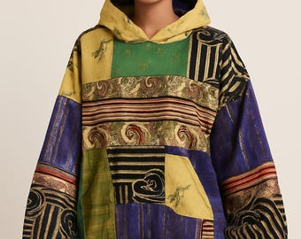 One-of-a-Kind Upcycled Patchwork Hoodie – Oversized Boho Festival Jacket – Handmade with Vintage Fabrics "Midas Touch"