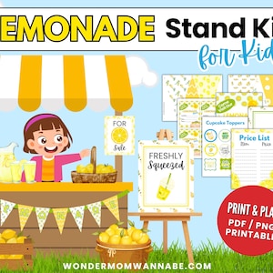 May include: A colorful illustration of a lemonade stand kit for kids. The image features a child behind a yellow stand with lemonade, lemons, and signs. Text includes "LEMONADE Stand Kit for Kids", "FRESHLY SQUEEZED", and "PRINT & PLAY".