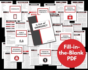May include: A set of printable PDF forms for organizing important information in case of an emergency. The forms include sections for personal information, family information, medical information, insurance information, financial information, and more. The forms are designed to be filled out and kept in a safe place.