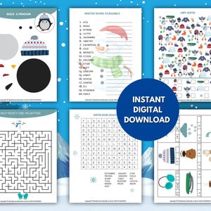 Winter activity kit for kids showing printable puzzles, word games, mazes, and build-a-penguin activities.