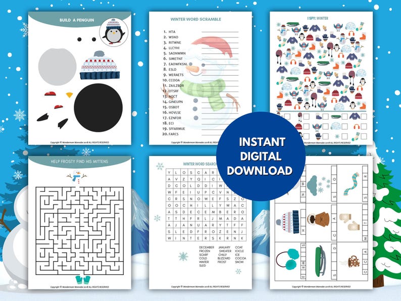 Winter activity kit for kids showing printable puzzles, word games, mazes, and build-a-penguin activities.