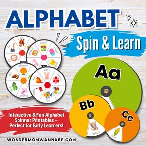 以下が含まれることがあります： カラフルな回転ホイールを使ったアルファベット学習ゲーム。画像には「ALPHABET Spin & Learn」と「Interactive & Fun Alphabet Spinner Printables」の文字が表示されています。ホイールには、フクロウ、オレンジ、魚などの文字と対応する画像が表示されています。