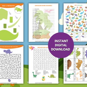 Dinosaur activity kit for kids featuring printable puzzles, mazes, word games, and build-a-dinosaur activities in a colorful layout.