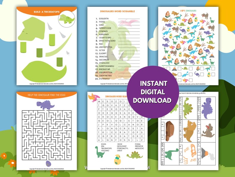 Dinosaur activity kit for kids featuring printable puzzles, mazes, word games, and build-a-dinosaur activities in a colorful layout.