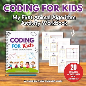 Puede incluir: Un cuaderno titulado "CODING FOR KIDS" con el subtítulo "My First Animal Algorithm Activity Workbook". La portada presenta ilustraciones y el texto "CODING FOR Kids". También son visibles páginas adicionales y un círculo rojo con texto.