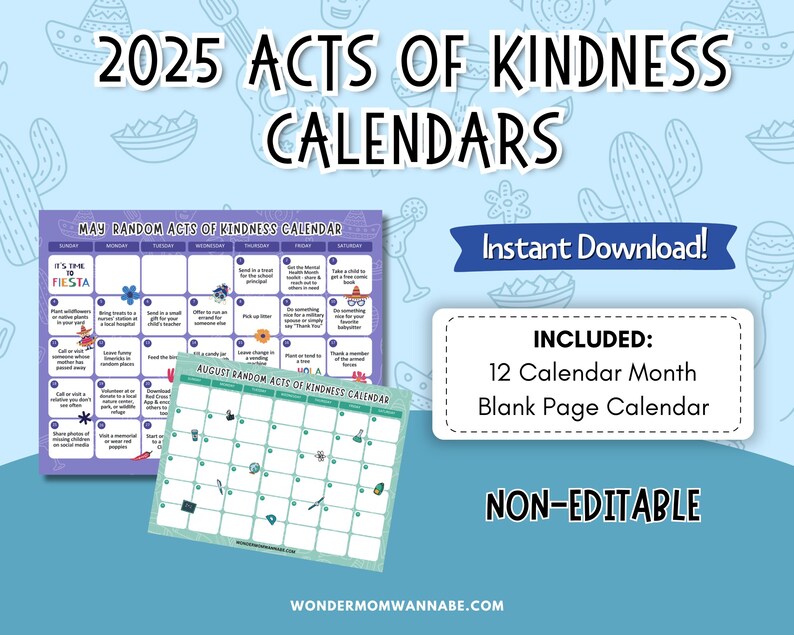 2025 Printable Monthly Kindness Calendars - Etsy