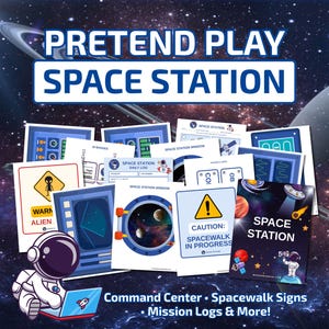 Pode incluir: Um conjunto de materiais para impressão com tema espacial com o texto "PRETEND PLAY SPACE STATION". Inclui centro de comando, sinais de passeio espacial, registos de missão e muito mais. Apresenta um gráfico de astronauta e um fundo espacial.