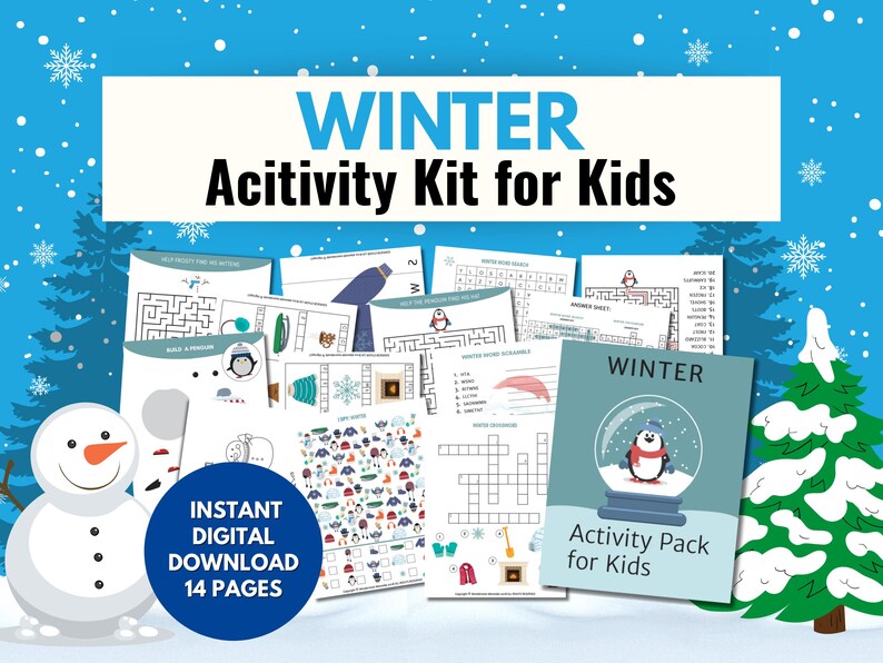 Winter Activity Kit for Kids cover image highlighting a 14-page printable winter games pack for home or classroom use.