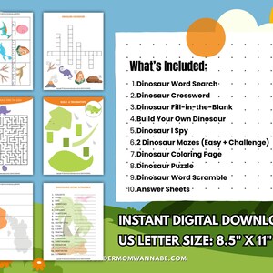 Overview of dinosaur printable activities showing what’s included, such as word search, crossword, mazes, I Spy, coloring pages, and answer sheets.