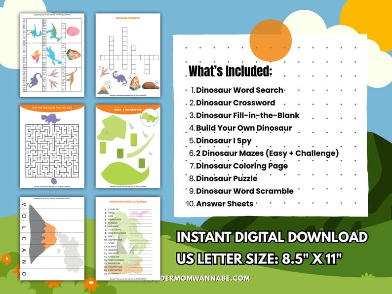 Overview of dinosaur printable activities showing what’s included, such as word search, crossword, mazes, I Spy, coloring pages, and answer sheets.