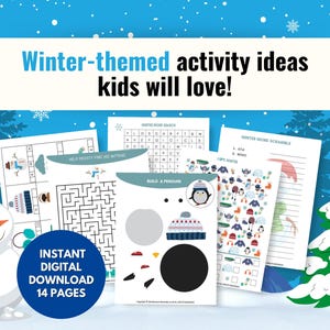 Winter-themed kids activity pages with snowman, penguin, and cozy winter illustrations for screen-free fun.