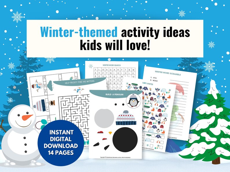 Winter-themed kids activity pages with snowman, penguin, and cozy winter illustrations for screen-free fun.