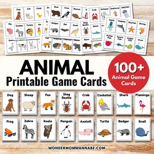 May include: A collection of printable animal game cards. The cards feature colorful illustrations of various animals, including a dog, sheep, fox, crab, and shark. The text "ANIMAL Printable Game Cards" is displayed prominently.