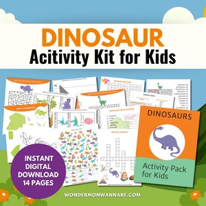 Dinosaur Activity Kit for Kids cover image highlighting a printable dinosaur game pack with 14 pages for at-home or classroom use.