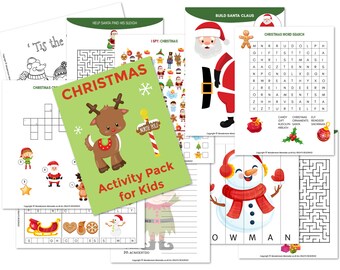 Christmas Activity Pack for Kids – Santa Build Activity, Christmas Puzzles, Kids Holiday Fun Worksheets, Christmas Kids Games