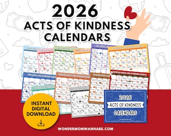 2026 Acts of Kindness Calendar PDF | Monthly Kindness Challenge | SEL Calendar for Kids | Print at Home | Instant Download