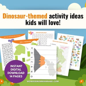 Dinosaur-themed activity pages displayed with playful illustrations, perfect for screen-free learning and fun for kids.