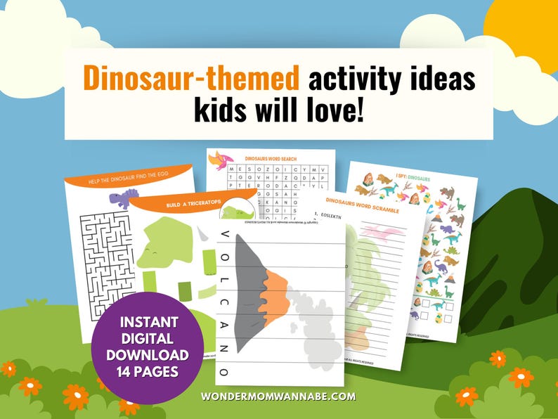 Dinosaur-themed activity pages displayed with playful illustrations, perfect for screen-free learning and fun for kids.