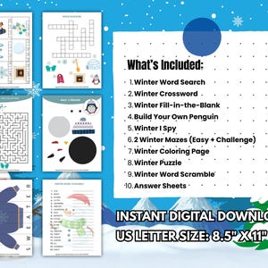 Winter printable activity pack overview displaying what’s included, such as word search, crossword, I Spy, mazes, and answer sheets.