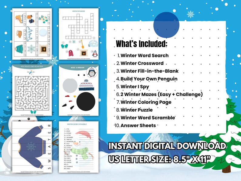 Winter printable activity pack overview displaying what’s included, such as word search, crossword, I Spy, mazes, and answer sheets.