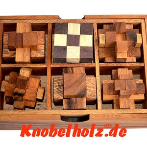 Wooden box with 6 wood puzzle handmade from Samanea wood soma cubes, snake cube, Devil knot, Interlock puzzle, Star puzzle, Puzzle wood