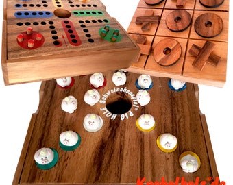 Pig Hole Schweinchenspiel® original Knobelholz Spielebox mit Tic Tac Toe und Ludjamgo, Familienspiel Würfelspiel für Kinder 60 Schweinchen