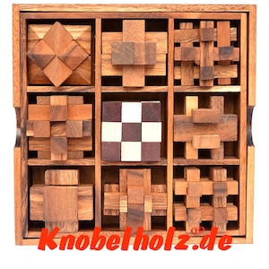 Wooden puzzle box with 9 wooden puzzle in one beautiful collection box puzzle, IQ game, puzzle game, puzzle wood, snake cube, Devil knot, set