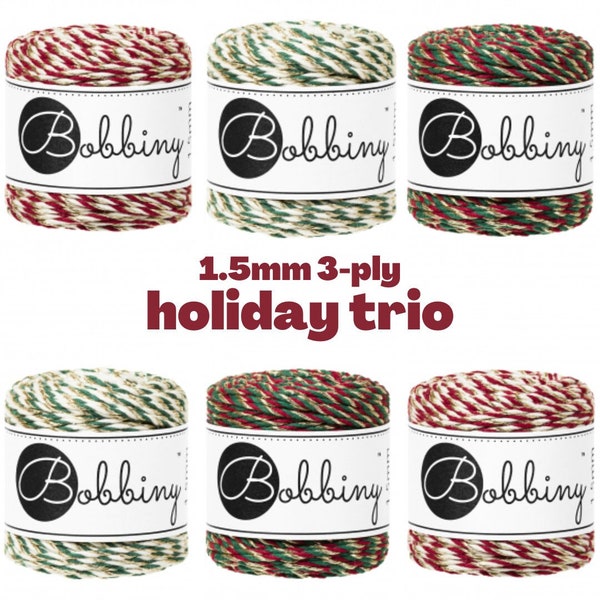 bobbiny holiday trio limited edition, 1.5mm 3-ply - 5, 10, 25, 35 meters, sparkle holiday wrapping cord, christmas craft supplies