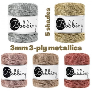 bobbiny metallic collection, 3mm 3-ply macramé rope  - 5, 10, 25, 50 meters, holiday sparkle wrapping cord, Christmas craft supplies