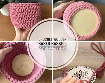 Crochet Basket Pattern with Wooden Base – PDF & Video Tutorial – Beginner-Friendly Home Decor