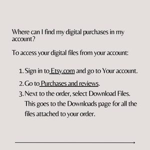 May include: Text-based instructions on how to find digital purchases on Etsy.com. The steps include signing in, going to Purchases and reviews, and selecting Download Files.
