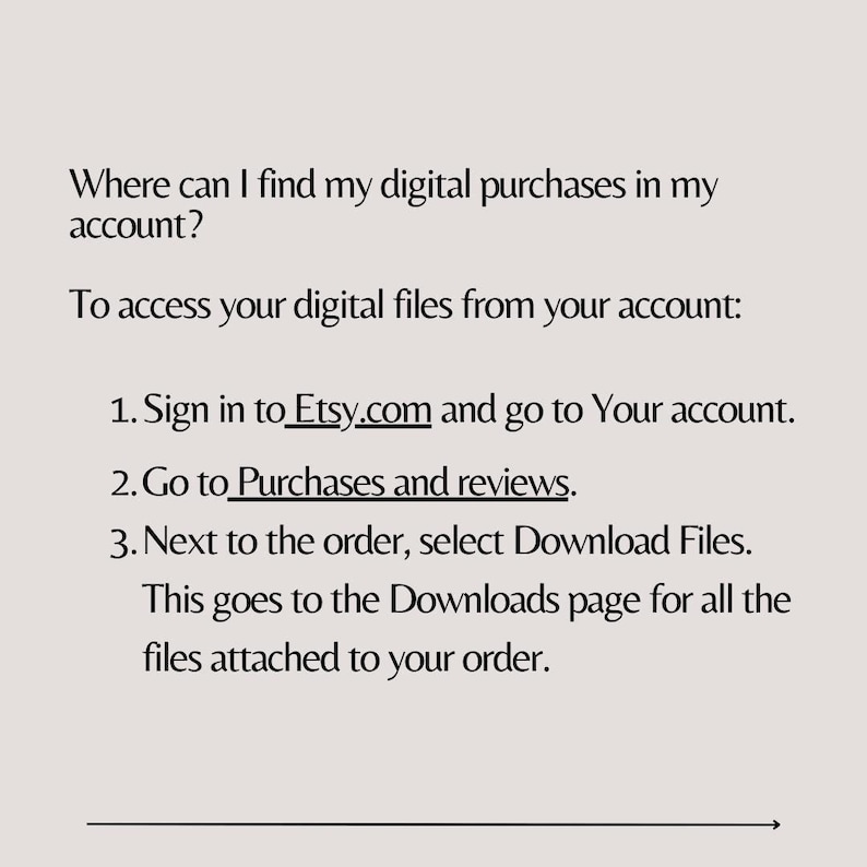 May include: Text-based instructions on how to find digital purchases on Etsy.com. The steps include signing in, going to Purchases and reviews, and selecting Download Files.
