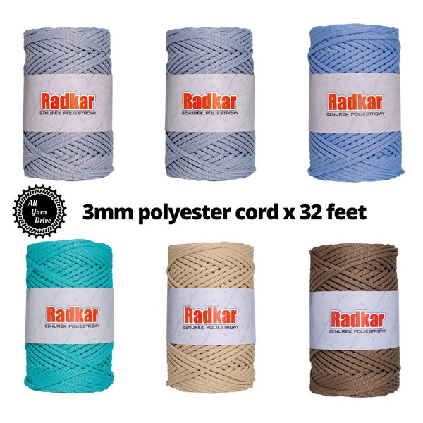 3mm Radkar Polyester Cords, Polyester Bag Yarn - Macrame and Crochet Cord - 32 feet - 10.6 yards - 10 meters