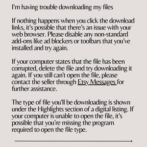 May include: Text-based troubleshooting guide for downloading digital files from Etsy. It explains common issues and provides solutions, including disabling browser add-ons, checking for corrupted files, and contacting the seller.
