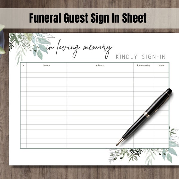 Funeral Sign In Sheet Printable Funeral Guest Check in Sheet Printable Modern Leaf Design Funeral Guest Book Insert Download