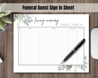 Funeral Sign In Sheet Printable Funeral Guest Check in Sheet Printable Modern Leaf Design Funeral Guest Book Insert Download
