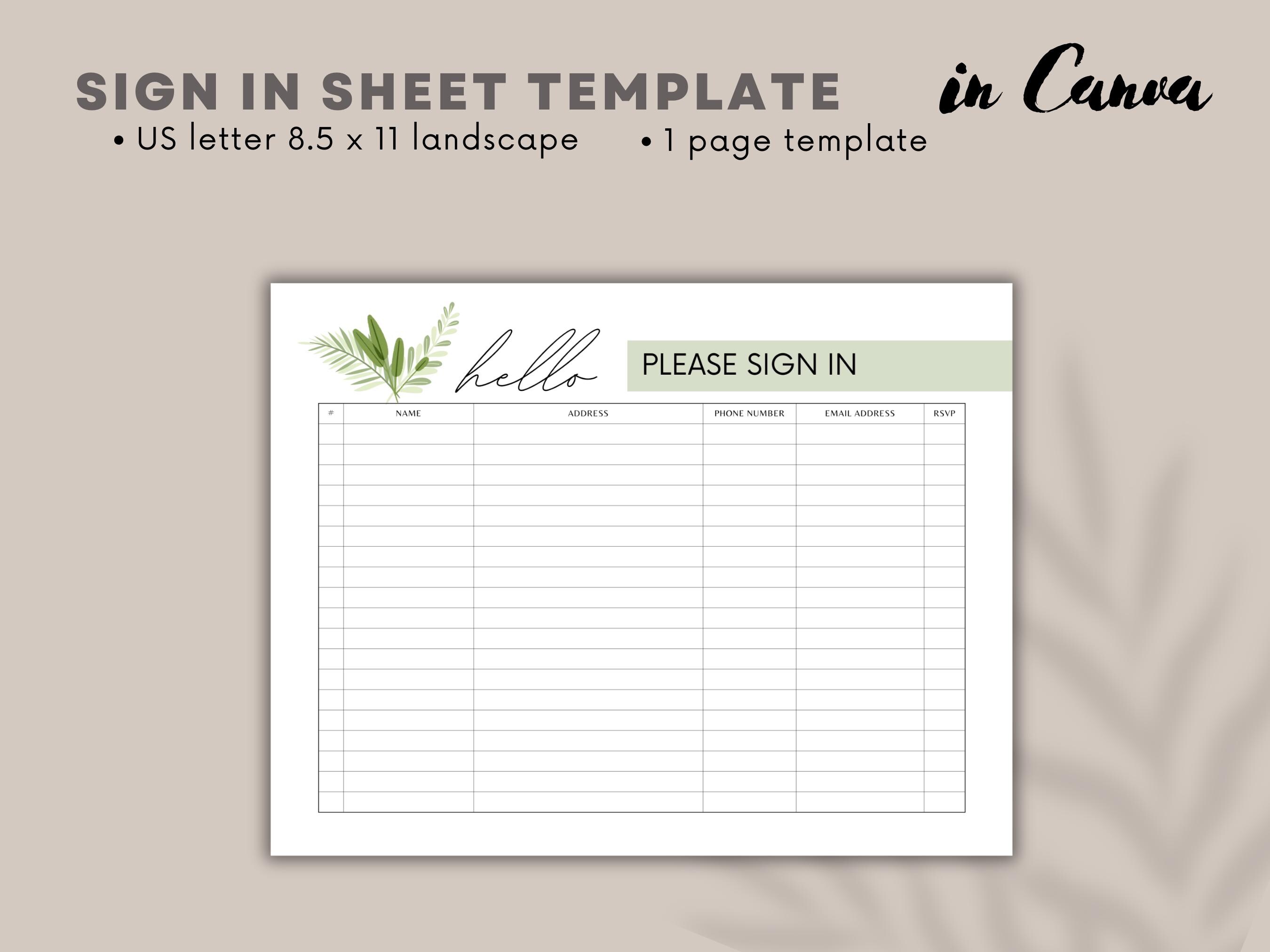 Guest Sign-in Sheet Template: Editable Visitor Check-in (canva, 8.5x11 ...