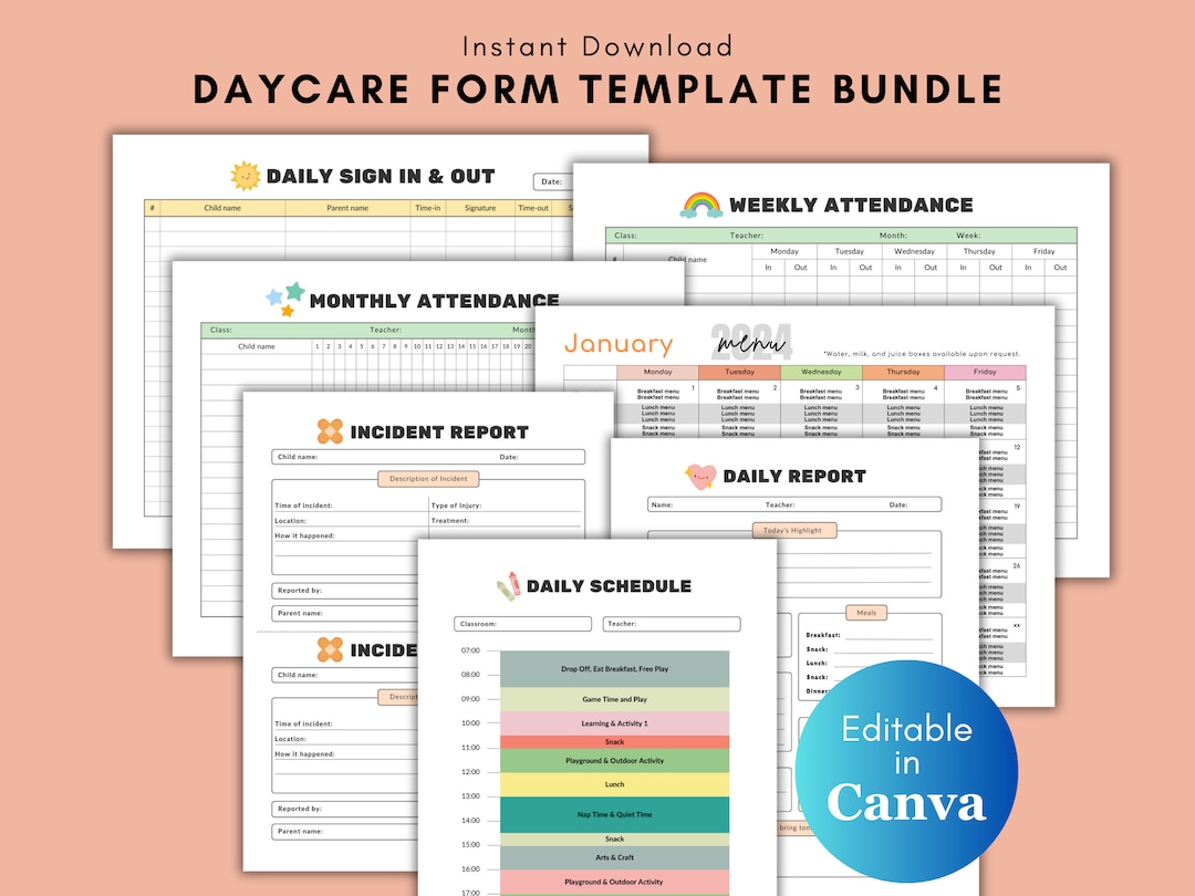 Daycare Template Bundle Daily Sign in Out Weekly and Monthly Daycare Template Bundle Daily Sign in Out Weekly and Monthly