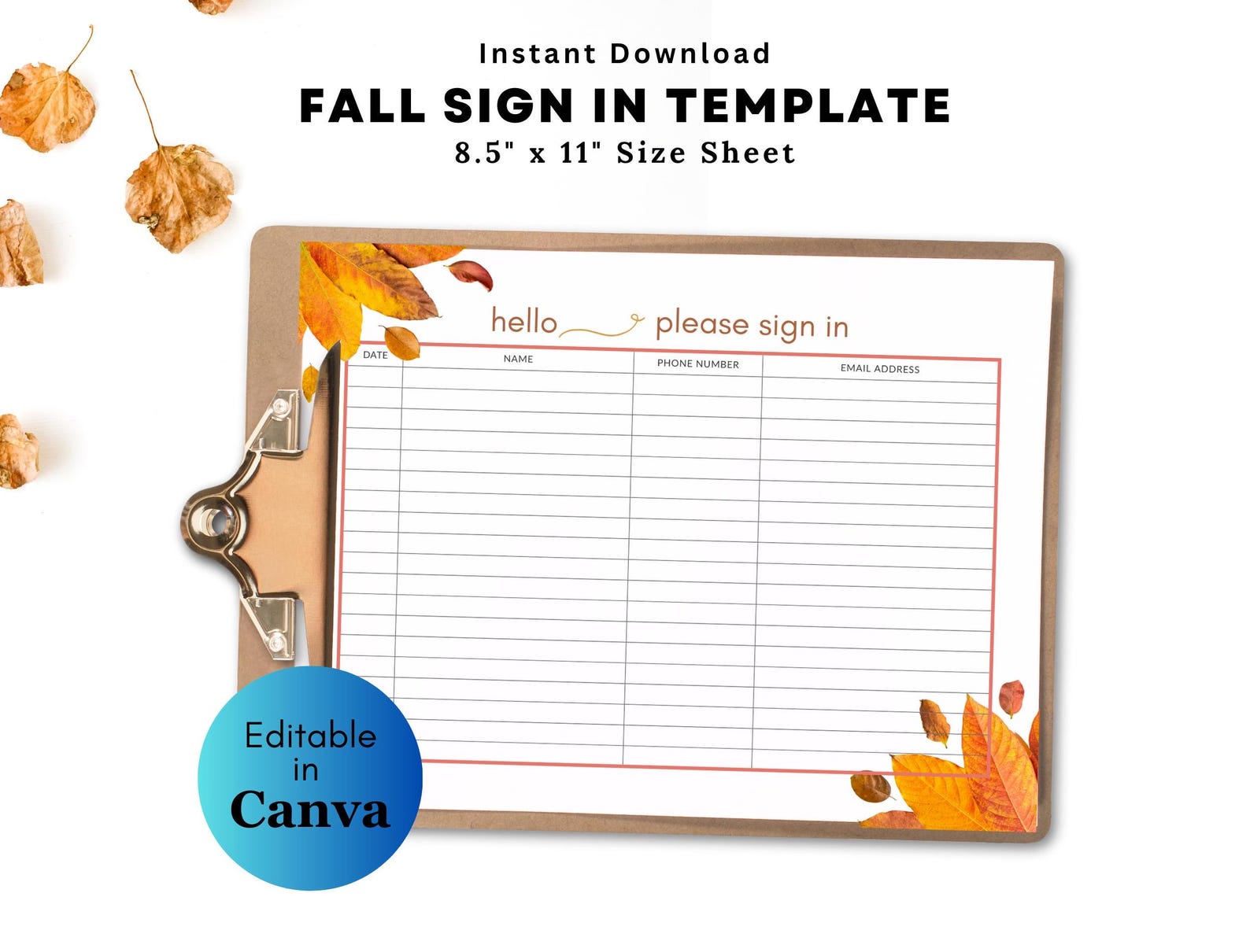 Guest Sign-in Sheet Template Fall Theme Canva Sign in Sheet Editable ...