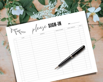 Guest Sign in Sheet Printable Guest Check in Sheet For Wedding Visitor Sign-in Printable with Personal Info For School Office Shops Business