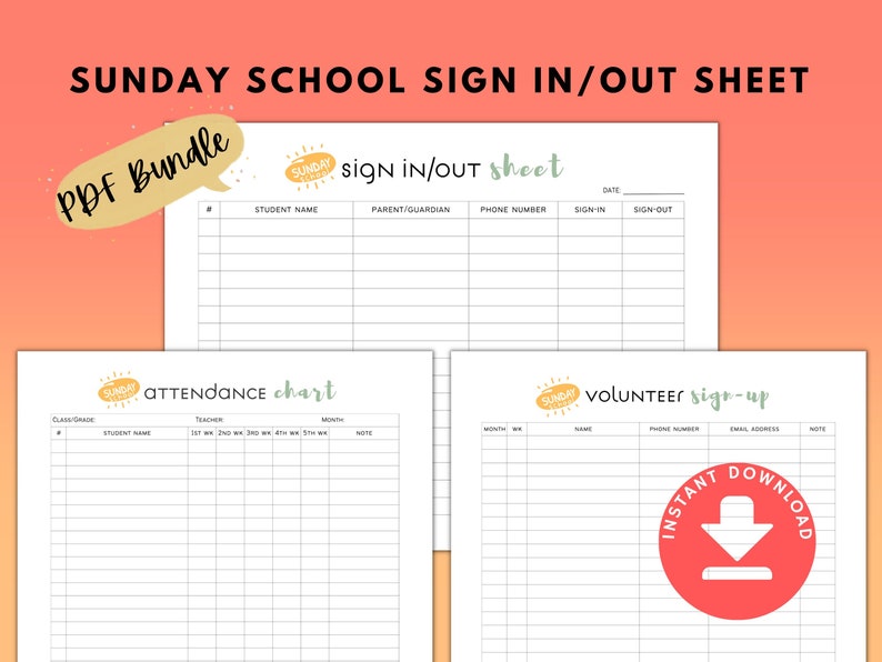 Sunday School Sign in and Out Sheet Printable Bundle for - Etsy