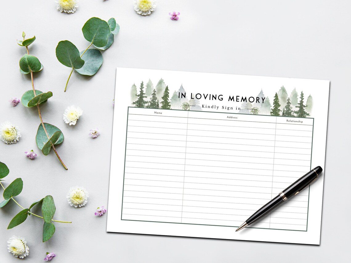 Funeral Guest Sign in Sheet Printable Forest Design Funeral Guest Book
