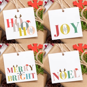 Fun Christmas Square Gift Tag 4 Design Bundle Printable DIY Christmas Goodie Bag Tag Colorful Holiday Tags Hohoho Joy Merry & Bright Noel