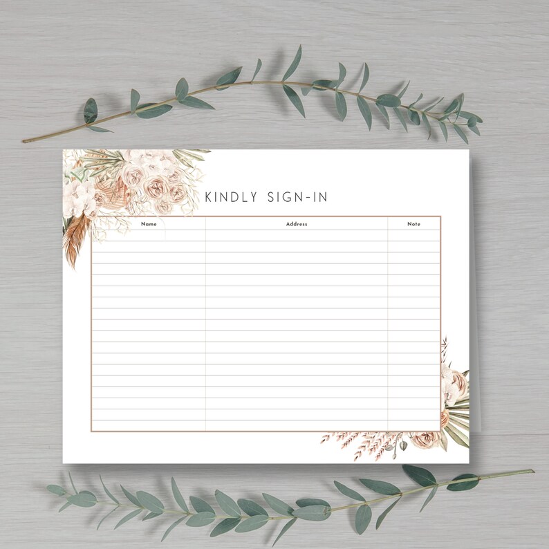 Wedding Guest Sign in Sheet Printable Instant Download Floral ...