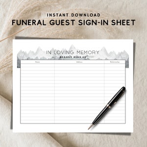 Funeral Guest Sign In Sheet Mountain Theme Printable Funeral Guest Check in Sheet Mountain Design Funeral Guest Book Insert Download