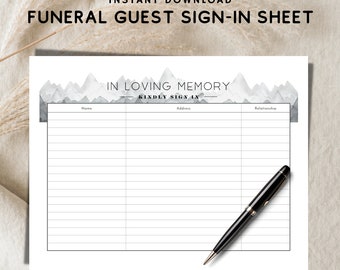 Mountain Theme Funeral Guest Sign-In Sheet Printable (PDF Download)