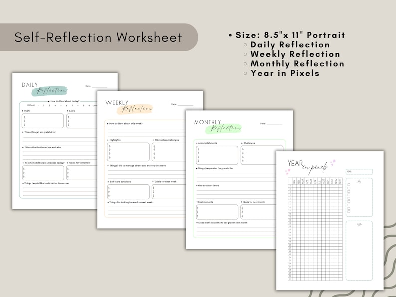 Self Reflection Worksheet Bundle Printable, Daily Weekly Monthly ...