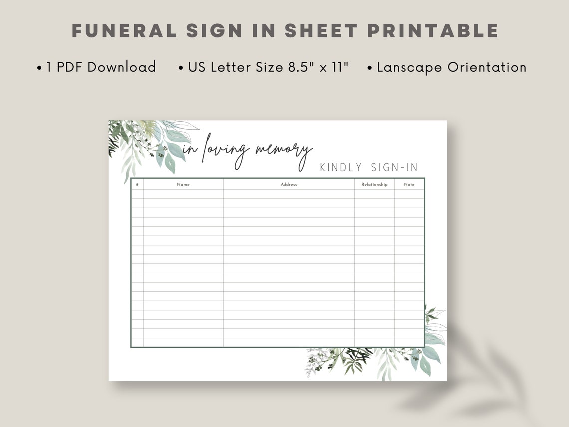 Funeral Guest Sign in Sheet Printable Funeral Check in Sheet Printable ...